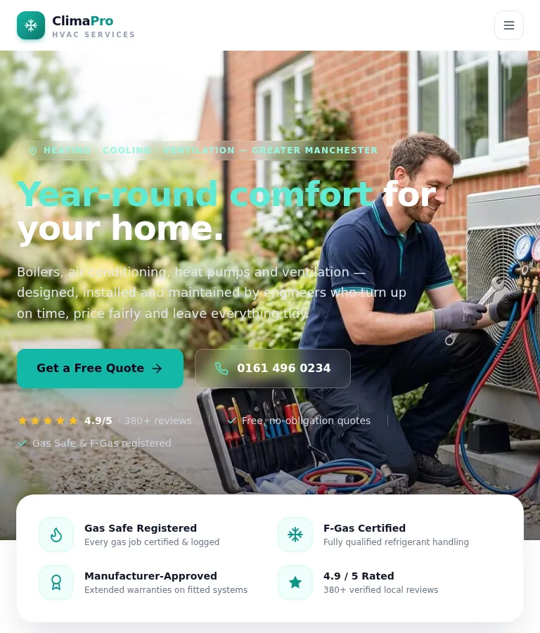 ClimaPro HVAC — demo site I built, shown on desktop