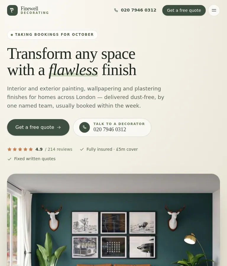 Finewell Decorating — demo site I built, shown on desktop