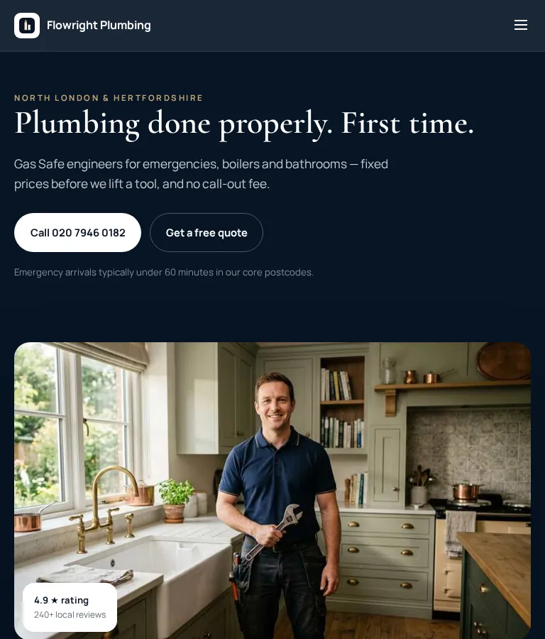 Flowright Plumbing — demo site I built, shown on desktop