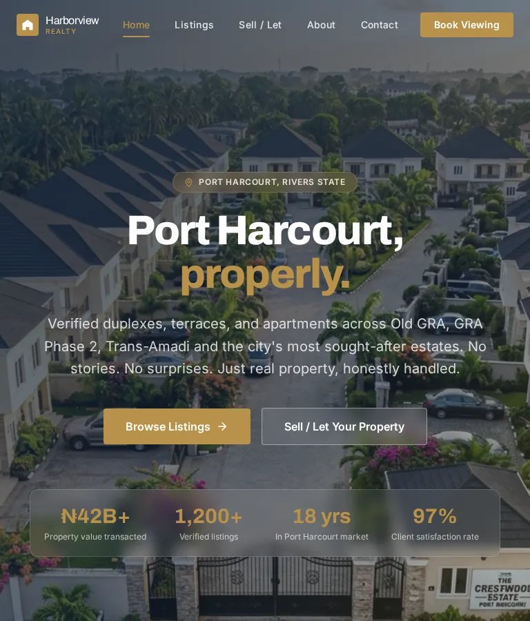 Harborview Realty — demo site I built, shown on desktop