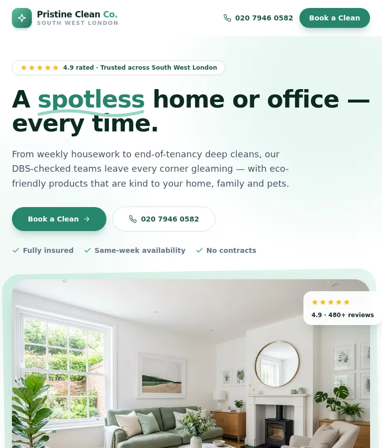Pristen Clean — demo site I built, shown on desktop